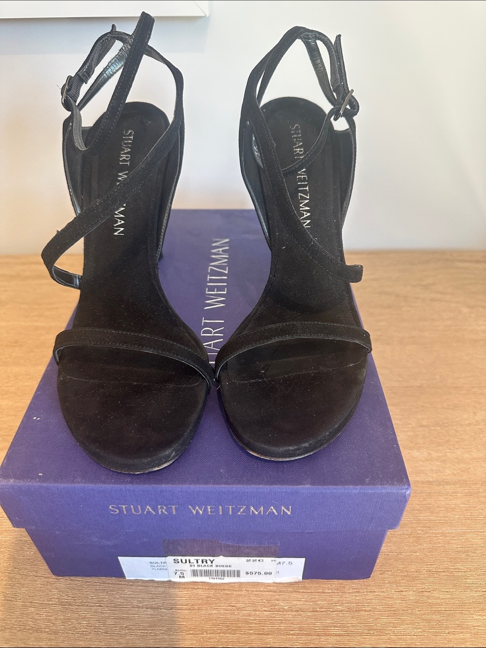 Stuart Weitzman Black Suede Multi-Strap Stiletto Sandals black suede 7.5 size - Picture 2 of 5